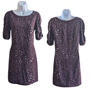 Vintage Y2K TOCCA 100% Silk Burgundy Thumbprint Print Ruched Sleeve  Mini Dress